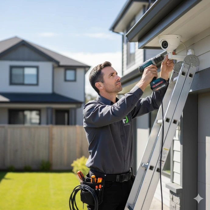 Technician installing a security camera at a Logan property