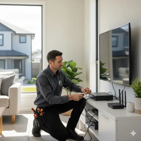 Technician programming an alarm system keypad inside a home